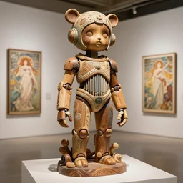 octane render ultra photorealistic hyper detailed, intricate a very very sculpture cute wooden and ceramic mystical statue robot of the roman organiquecyberpunk a contemporary art gallery in neo tokyo artwork alphonse mucha