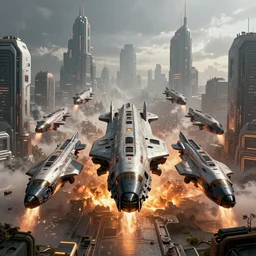 [six giant futuristic scifi-bombers] in the center, [a baroque cyberpunk city skyline in the background], [explosions and fire]