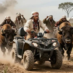 indian tribe  on wood ATV  attacking bisons, action scene, an epic western, dramatic lighting, cinematic, establishing shot, extremely high detail, photorealistic, cinematic lighting, artstation, octane render, old photo, buffalo hunt movie, alpha movie, western, ultra sharp, clean symmetrical faces, high detail, intricate,hypermaximalist,hyper realism