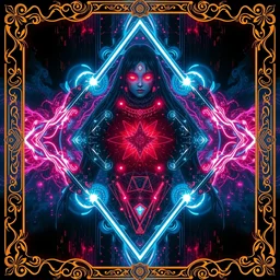 futuristic mia 5 th element, blade runner, akira, ghost in the shell, 2 0 7 7, style of laurie greasley and satoshi kon + symmetric lights and smoke, psychedelic effects, glowing particles, neon rain, glowing runes, de - noise, symmetrical composition, high detailed + tarot card, ornate border, 8 k,