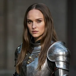 head and shoulders portrait of a female knight, young natalie portman, steampunk, straight hair, armored, athletic, vogue fashion photo