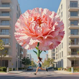 gigantic carnation flower head, woman running between luxury apartments, surreal photography, sunlight, impressionist painting, digital painting, artstation, simon stalenhag