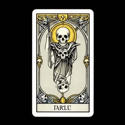 an occult tarot card, death, skulls, clever design, ornate border, art deco, art nouveau, two color woodcut, minimal design, playing card