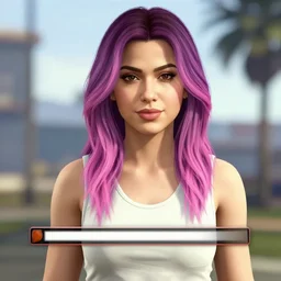 a stunning GTA V loading screen with a beautiful woman with ombre purple pink hairstyle, hair blowing in the wind, outrun, vaporware, retro, digital art, trending on artstation