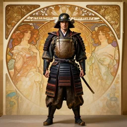 wide angle full body portrait shot of a handsome samurai, highly detailed face, detailed eyes, alphonse mucha, rhads, ross tran, artstation, artgerm, octane render, 1 6 k