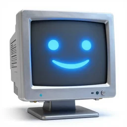 old computer monitor made of metal with a smug neon blue face