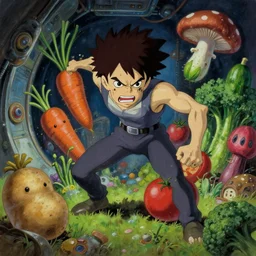 angry violent and armed, threatening, dangerous, attacking, murderous killer vegetables ( potato, carrot, tomato, broccoli, cucumber, mushroom ) in a space station | anime horror lovecraft oil painting high resolution scifi surrealistic adventure time cartoon ghibli inspired 4 k