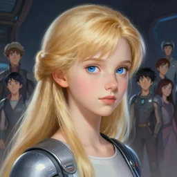 a young blond girl with blue eyes science fiction, artstation, elegant, highly detailed, digital painting, concept art, smooth, sharp focus, illustration, art by don bluth and michel ocelot and makoto shinkai and tom whalen and atey ghailan and akihiko yoshida