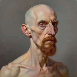 Dr. Venture in real life with a reddish-brown chin strap goatee and a hooked nose, long gaunt face, skinny body and neck, very thin and bald, realistic, very realistic, hyperrealistic, highly detailed, very detailed, extremely detailed, detailed, digital art, oil painting, trending on artstation, headshot and bodyshot, detailed face, very detailed face, extremely detailed face, HD Quality, 8k resolution