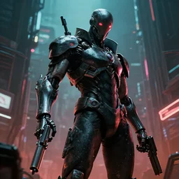 dark cyberpunk cyborg killer with guns in hand in dlood, in drak dirty style cyberpunk city, in the syle by ergo proxy, cinematic lighting, raytracing, 8 k, octane render, volumetric, vivid, beautiful, hyperrealism