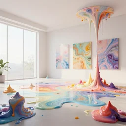 a modern indoor room full of insane detailed colorfull melting wax, clean architecture, pictures in the wall, pastel colored, intricate detailed 3 d render, hyper realistic intricate acrilic fluid art, intense colors, wide shot, octane render, concept art, daylight, peaceful, 8 k