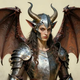 head and shoulders portrait of an armored erinyes devil with bat wings, d & d, fantasy, luis royo, magali villeneuve, donato giancola, wlop, krenz cushart, hans zatka, klimt, alphonse mucha