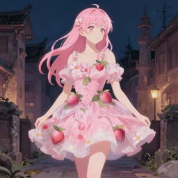 a full body portrait of an aesthetic!! young pink pastel woman in a flowery fruit - based dress, night lighting with delicate features finely detailed perfect art, at an ancient city, gapmoe yandere grimdark, trending on pixiv fanbox, painted by greg rutkowski makoto shinkai takashi takeuchi studio ghibli