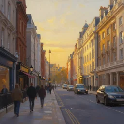a beautifully ultradetailed painting of the london street, early evening, golden hour, artgerm and greg rutkowski, 4 k : 3, : - 1, dof : - 1, blur : - 1, unreal engine, trending on artstation