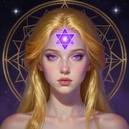centered head and shoulders portrait of a girl with glowing purple third eye chakra and golden hair, geometric third eye triangle, sci - fi face, sacred geometric background, breathtaking stars, elegant, highly detailed, digital painting, artstation, concept art, smooth, sharp focus, illustration, art by artgerm and greg rutkowski and alphonse mucha, acid pixie