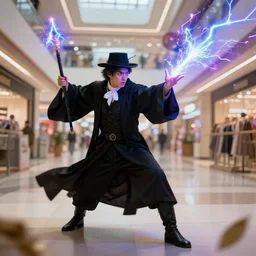 the magician with a black robe blast a thunder spell with his staff inside a shopping center, artstation