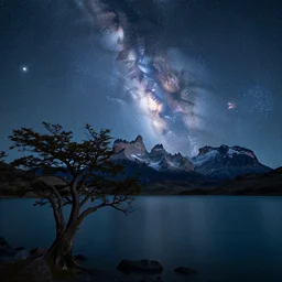 beautiful landscape photography by marc adamus, patagonia, a lake, a tree in the foreground, night, milky way mars