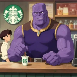 portrait of thanos working at starbucks, digital illustration, by makoto shinkai and ruan jia and studio ghibli