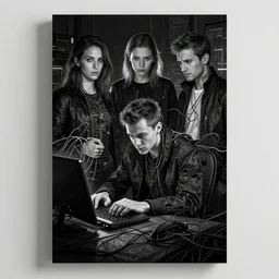 black and white - dark photo of a cyberpunk programmer composed of wires, realistic shaded lighting poster by petros afshar, magali villeneuve, artgerm, jeremy lipkin and michael garmash and rob rey