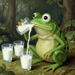 pepe the frog drinking many cups of milk in the style of Hieronymus Bosch