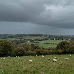 artwork of the cinematic view of a landscape normandy by john howe, de - noise, stormy weather, groves, sheep pasture, landscape view, depth of field, trending on artstation, background, nature