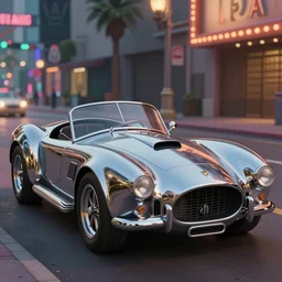a wholesome animation key shot of!! one!! focused!! ac cobra!! in shiny reflective stainless steel, in a las vegas street, medium shot, studio ghibli, ( pixar ) and disney animation, sharp, very detailed, high resolution, rendered in unreal engine 5, anime key art by greg rutkowski, bloom, dramatic lighting