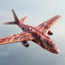 technobiological military aircraft consisting of meat, skin, veins, meat, kidneys, entrails, guts. aircraft is flying in the sky. biopunk, bodyhorror, high detail, photorealism, full length view, concept art, octane render, cgsociety by hermann nitsch