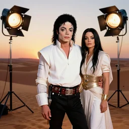 pre plastic surgery michael jackson, as luke sky - walker, with janet jackson as princess lie, studio lighting, star wars themed, beautiful tunisian desert at sunset, michael jackson is normal looking and has had no work done to his face, photoshoot in the styled of annie leibovitz