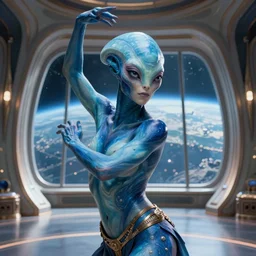 vfx movie scene closeup portrait of beautiful blue body paint fit alien gorgeous buff man dancing in sleek futuristic decadent spaceship pillars, alien antenna, futuristic ballroom. big eyes, soft skin, giant windows view of earth obit. by emmanuel lubezki
