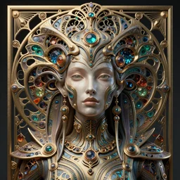 artstation futuristic 3 d model of hyper - detailed! beautiful groovypunk queen of fractal magma in full regal attire. face portrait. art nouveau!!!, symbolist, visionary, baroque, giant fractal details. horizontal symmetry by zdzisław beksinski, iris van herpen, raymond swanland and alphonse mucha. hyper - real beautiful