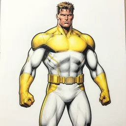 comic book drawing, marvel superhero, coal miner man, white and yellow suit, muscular, distinct, vivid