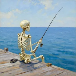 skeleton sitting on wooden pier fishing impressionist painting beautiful blue ocean and sky
