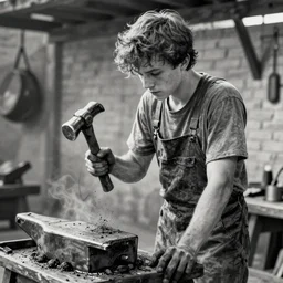 film still of youthful charlie day, working as blacksmith, charcoal sketch, lineart, inked, greyscale, holding hammer, style of blvnk