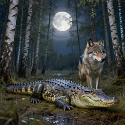 Furred chimera with crocodile's body and a wolve's head, set within a birch tree swamp, illuminated by full moon, professional photoshop artwork, highly detailed