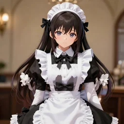 beautiful illustration of anime maid, stunning and rich detail, pretty face and eyes. Full-body shot, upper body.