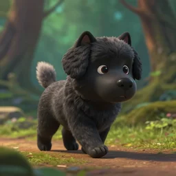 black tibetan spaniel as nendoroid walking in a forest in the croods movie style, anime, disney, pixar, 8 k, hd, dof, kodak film, volumetric lighting, subsurface scattering, photorealistic, octane render, details