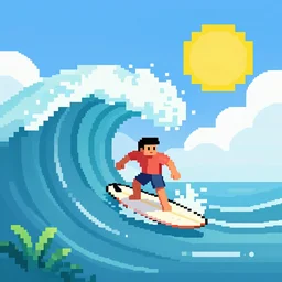 a surfer on surfboard on a big wave. sun and sea. colorful. pixelart.