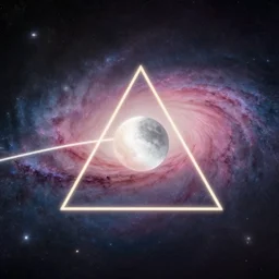 centered, light line triangle in the middle of the galaxy with the moon inscrypted inside, pink floyd, hyperrealism