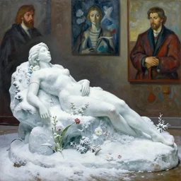 a full body sculpture women laying down made of snow and ice and flower and plants, painting part by wojciech siudmak, part by ilya repin, part by max ernst, part by norman rockwell, artstation