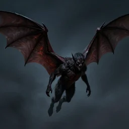 night, long shot, sinister male, concept art, horror, body is covered in short fur, he has oversized batwings, he flies, realistic shaded, airbrushed, realistic, artstation, art by michael whelan