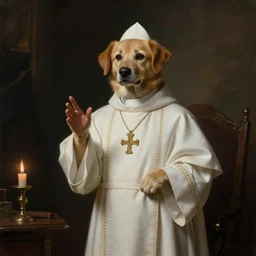 a dog dresses as a catholic priest condemns a person to hell for eternity