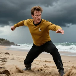 captain j. kirk from star trek storming the beaches of normandy on d - day. film still, detailed face, ultra realism, dramatic lighting, thunderstorm, action pose, zeiss lens, canon eos, artstation, dynamic pose, redshift, octane