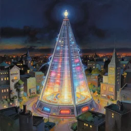 centred painting of a futuristic free energy generator in a city, pyramid style, electricity, power, octane rendering, trending on artstation, studio ghibli, michael whealan and james gurney