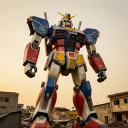 destroyed colourful giant mecha ROBOT of AJEGUNLE SLUMS of Lagos, markings on robot, Golden Hour,