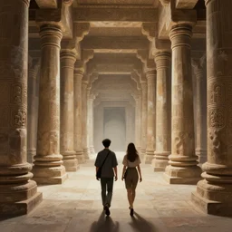 shot from over the shoulder third person perspective, two people walking down the center of a massive stone temple with rows of large pillars lining either side of the pathway, intricate, elegant, highly detailed, digital painting, artstation, concept art, smooth, sharp focus, illustration, art by artgerm and greg rutkowski and alphonse mucha, 8 k