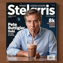 pete buttigieg drinking chocolate milk from a straw on the cover of stellaris magazine, photograph, 8 k, depth of field, magazine cover