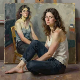 an extremely high quality hd, a woman sitting on the floor in front of a painting, a hyperrealistic painting by robert lenkiewicz, trending on artstation, figurative art, oil on canvas, art, fine art, 8 k, ultra realistic, very realistic
