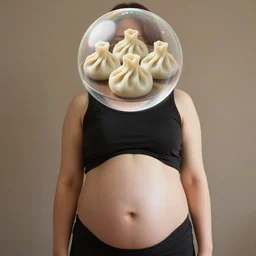 a picture of a girl with a large stomach. she is facing away from us. above her head is a bubble and inside is a picture of a georgian khinkali