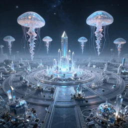 epic wide angle view of the core of the universe, vast circular mathematical landscape, cristalline monolithic structures in the sky, giant bioluminescent jelly fishes levitating, by marc simonetti and victo ngay, dynamic lighting, glow, trending artstation, octane rendering, unreal 5, realistic, high definition, digital art, hdri