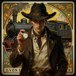 a dramatic moody symmetrical painting of a suspicious villainous handsome cowboy holding a pocketwatch | his shirt is unbuttoned | background is a steam train engine locomotive | tarot card, art deco, art nouveau, steampunk | by Alphonse Mucha | trending on artstation